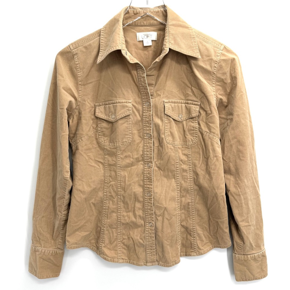 Y2K Ann Taylor Loft Tan Corduroy Snap Front Shirt Size 4 Downtown Gilmore Girls